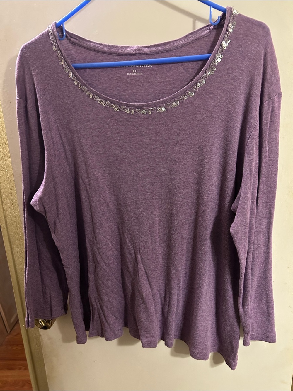 Croft & Barrow Purple Scoop Neck Long Sleeve Top with Sequin Trim